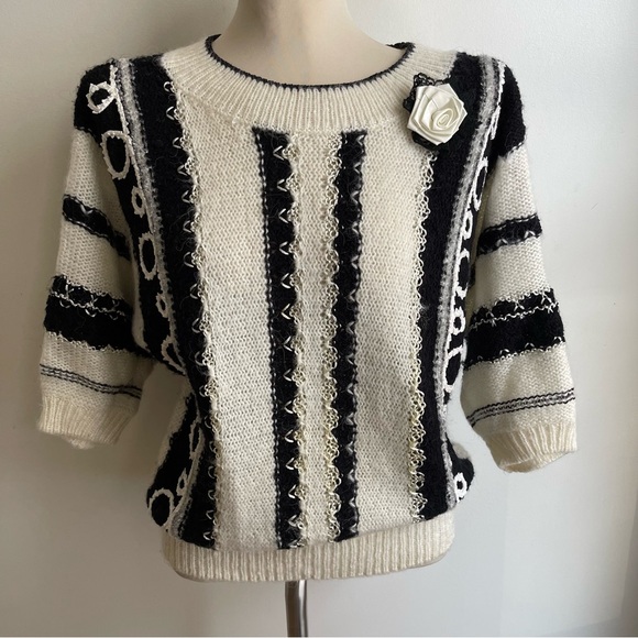 Beldoch Popper Sweaters - Vintage 80s Beldoch Popper Sweater Short Sleeve Black White Acrylic Wool Medium